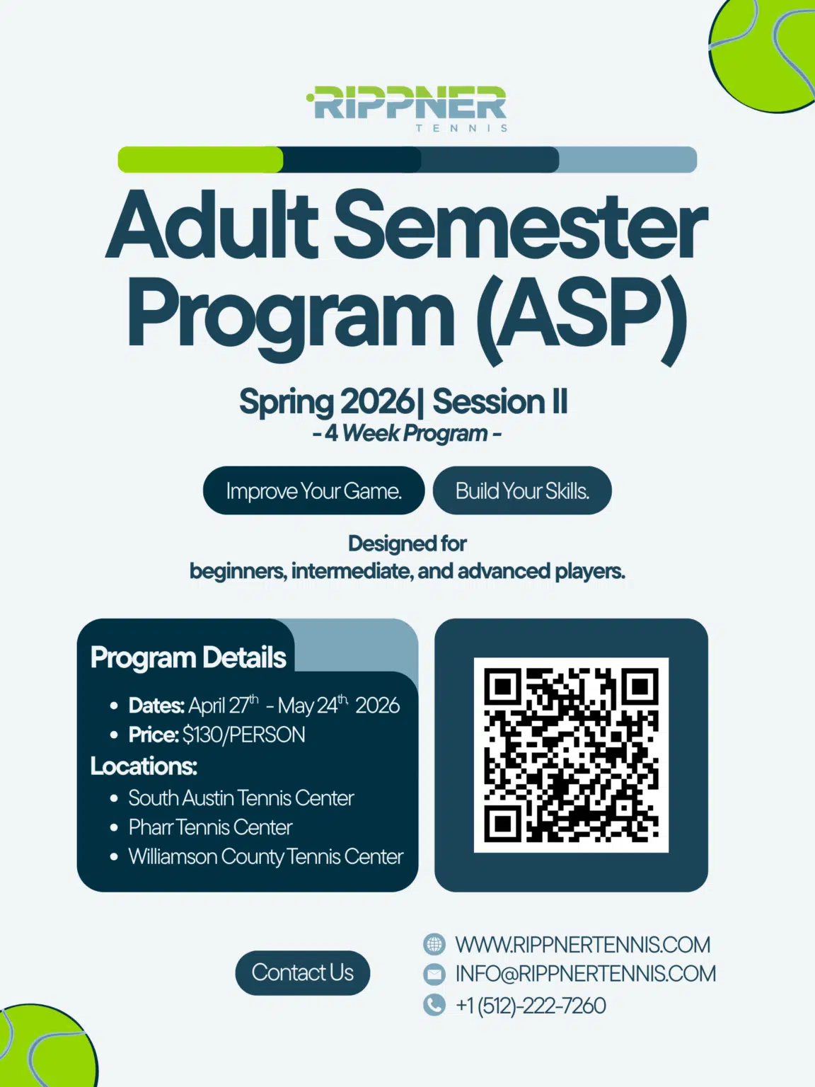 RippnerTennis Adult Semester Program Spring 2026 Session II, April 27 to May 24, 2026. $130 per person.