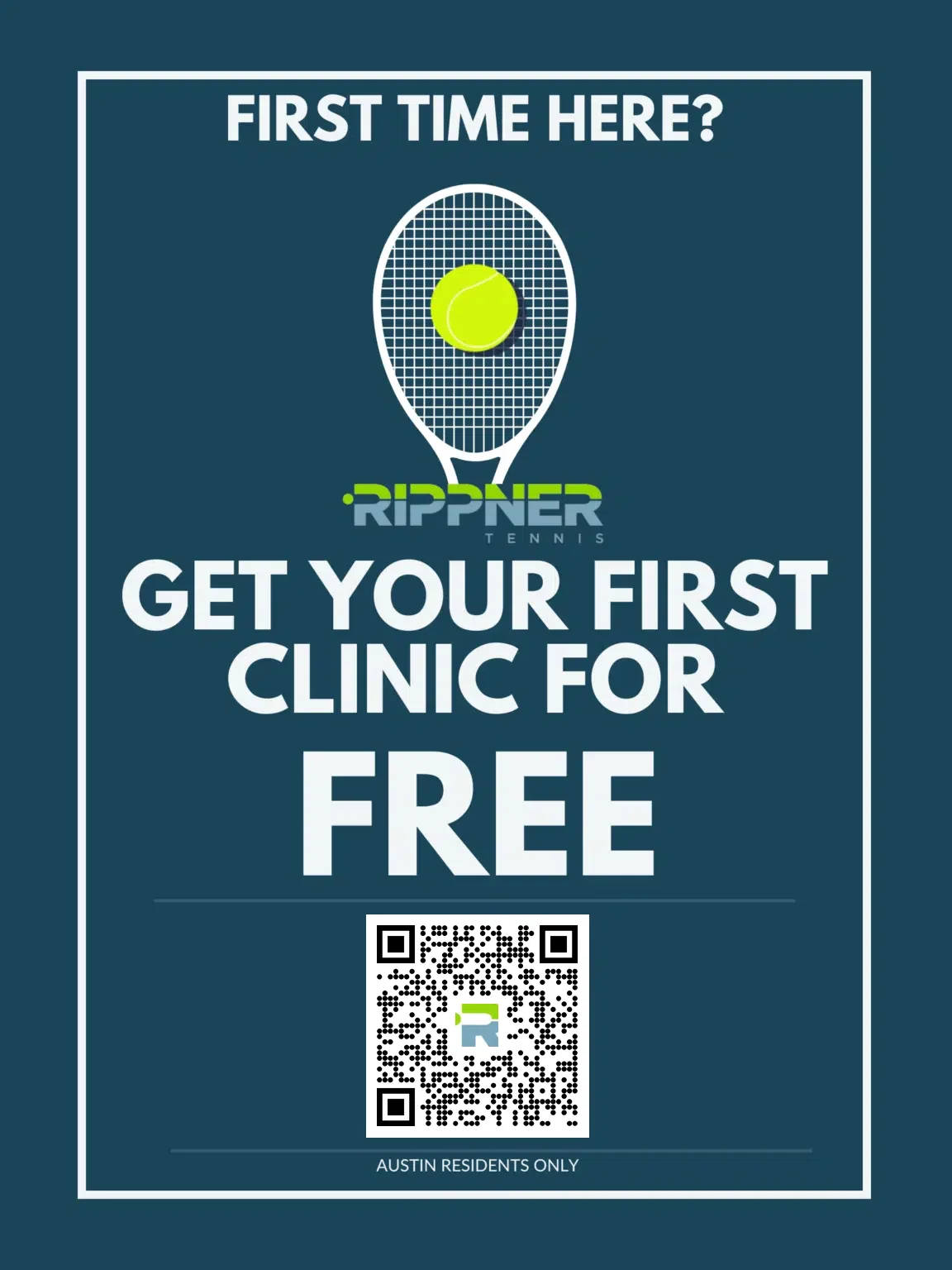 First time at RippnerTennis Austin? Get your first tennis clinic for FREE, Austin residents only.