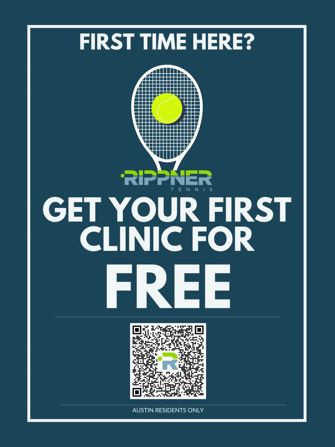 First time at RippnerTennis Austin? Get your first tennis clinic for FREE, Austin residents only.